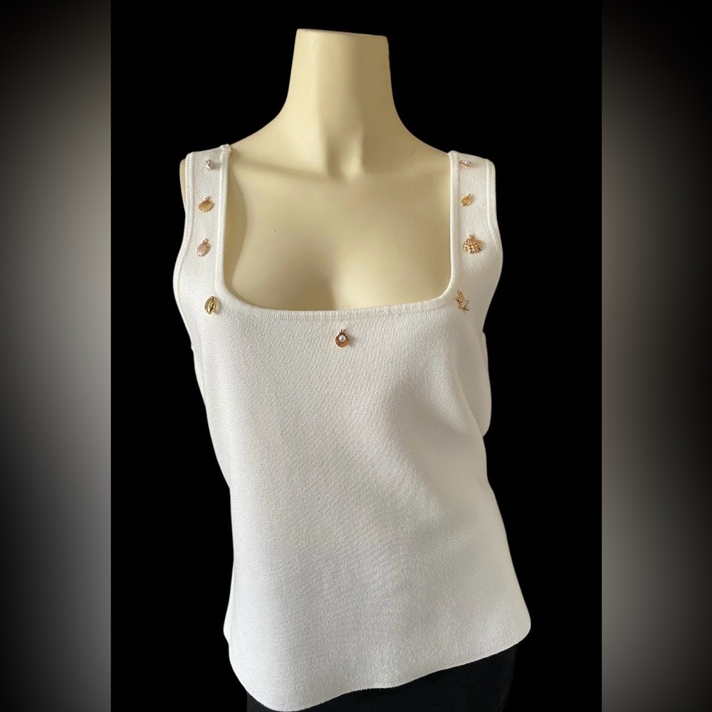 LC Lauren Conrad White Square-Neck Tank with Gold Shell & Star Accents women L